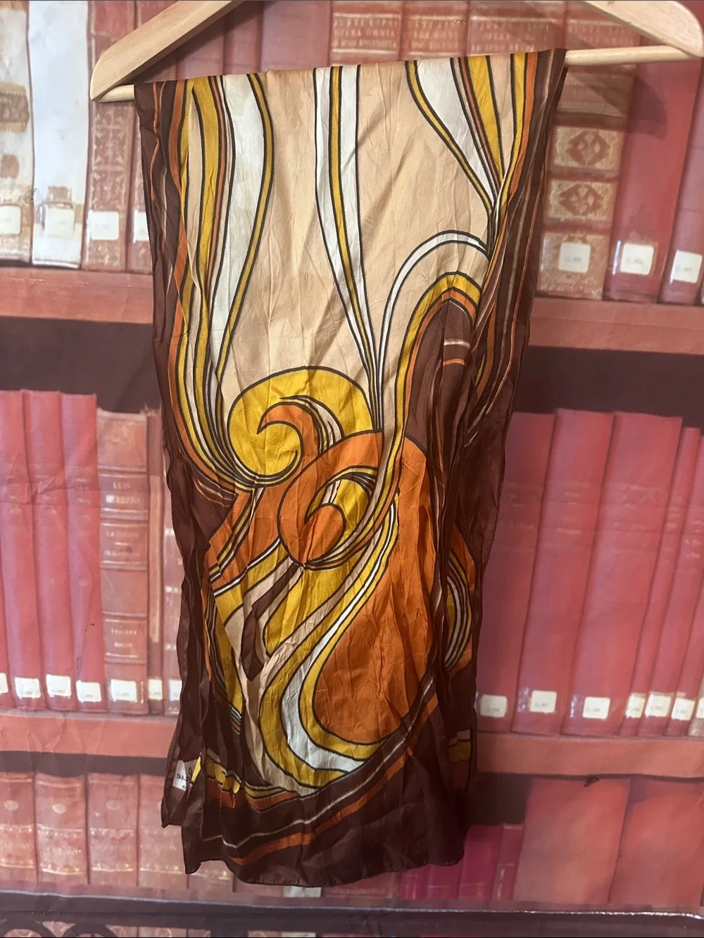 Vintage P Saint Hilaire Paris Abstract Swirl Long Scarf Brown Orange 54x17